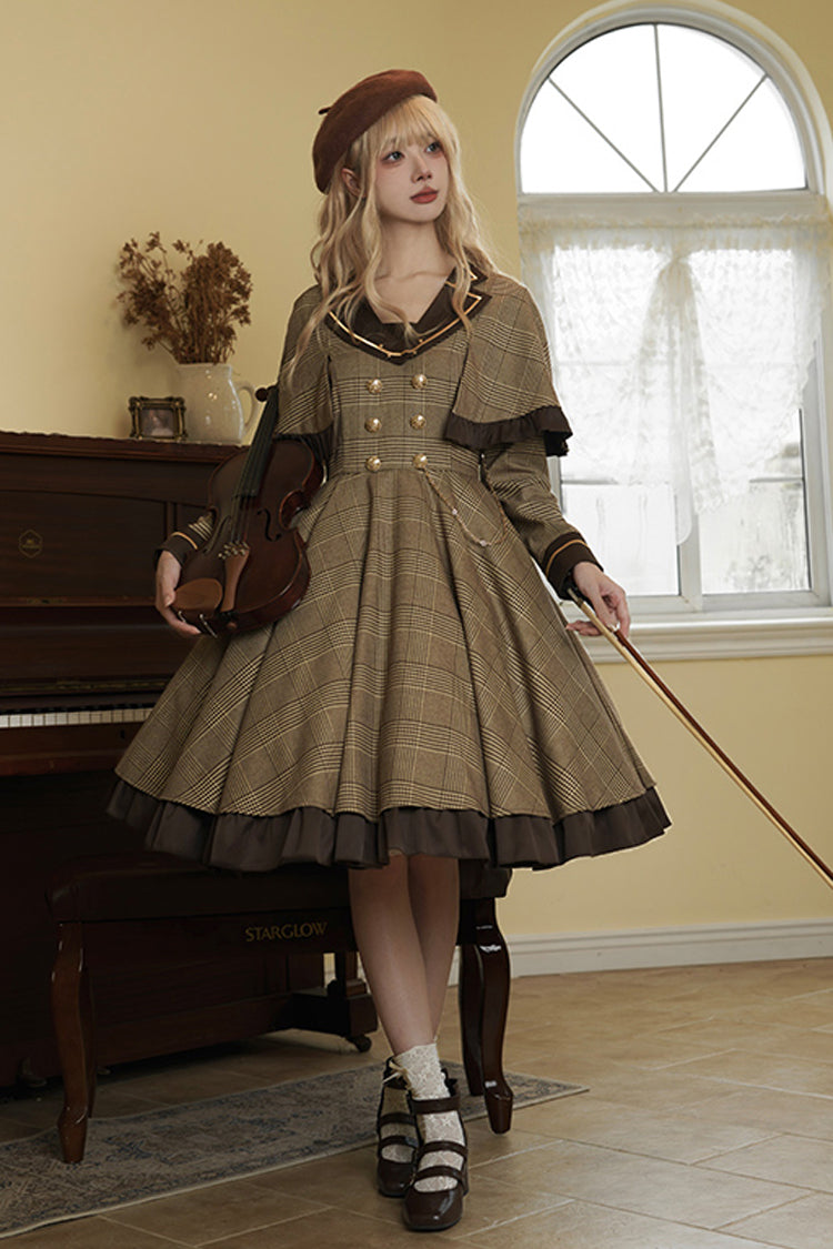 Brown Baker Street Stories Stripe Print Ruffle Fake Two Pieces British College Style Classic Lolita Dress