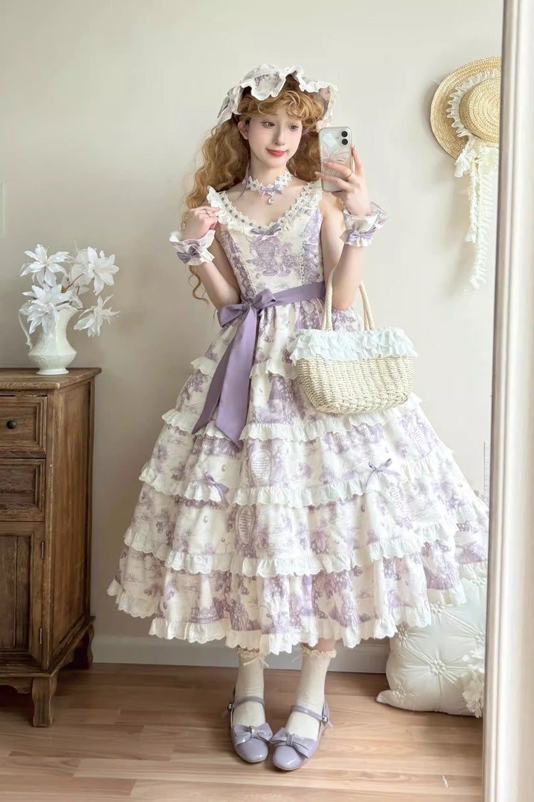 Purple Grape Moon Almanac Sleeveless Multi-Layered Printed Ruffled Bow Adjustable-Length Sweet Lolita Jsk Dress