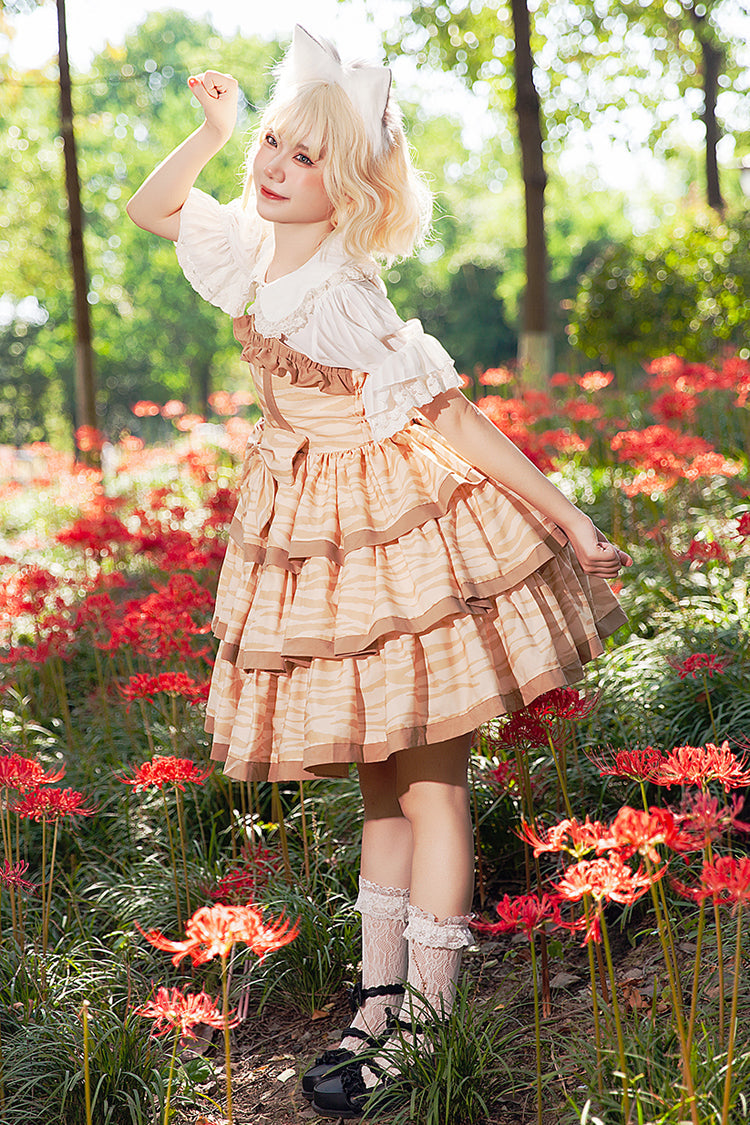 Apricot Cloth Cat Triple-Layered Print Ruffle Bowknot Sweet Lolita Dress