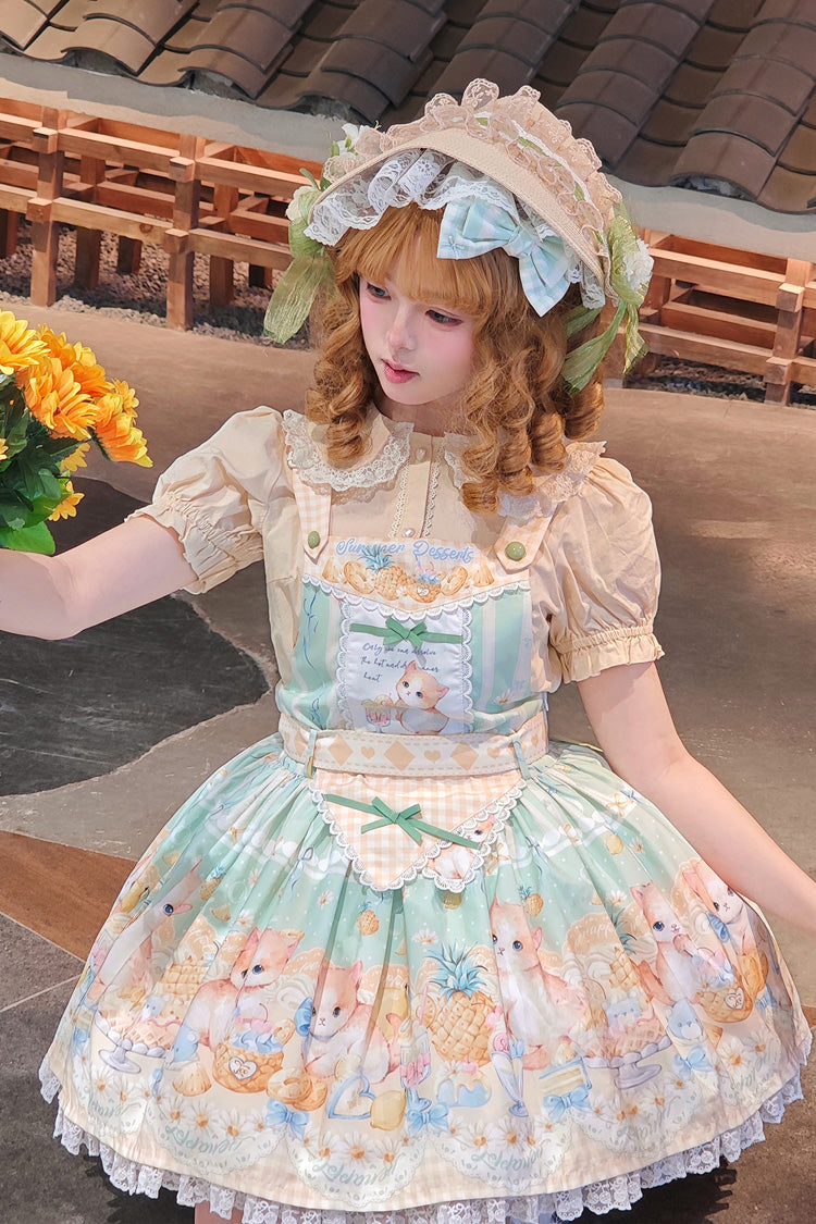 Green Pineapple Cat Print Sleeveless Bowknot Lace Sweet Lolita Strap Dress