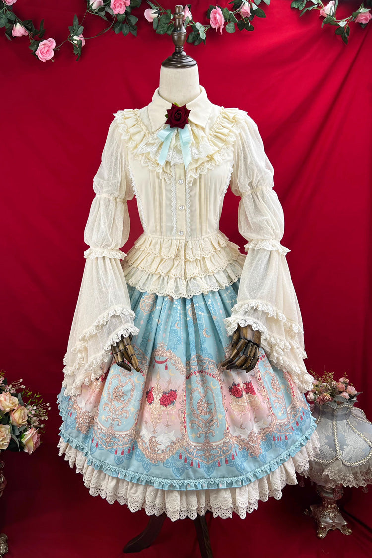 Blue Moonlit Garden Secret Print Ruffle Embroidery Lace Sweet Elegant Palace Lolita Skirt