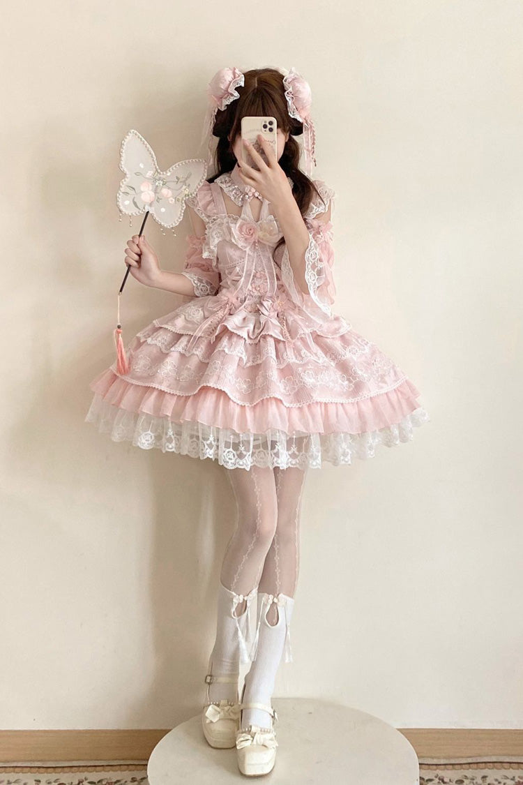 Pink Rain of Peaches Sleeveless Multi-Layered Bowknot Lace Sweet Chinese Style Lolita Jsk Dress