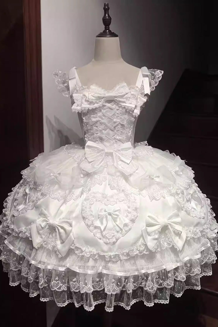 White Sweetheart Sleeveless Multi-Layered Embroidered Bow Lace Lace-Up Sweet Lolita Jsk Dress