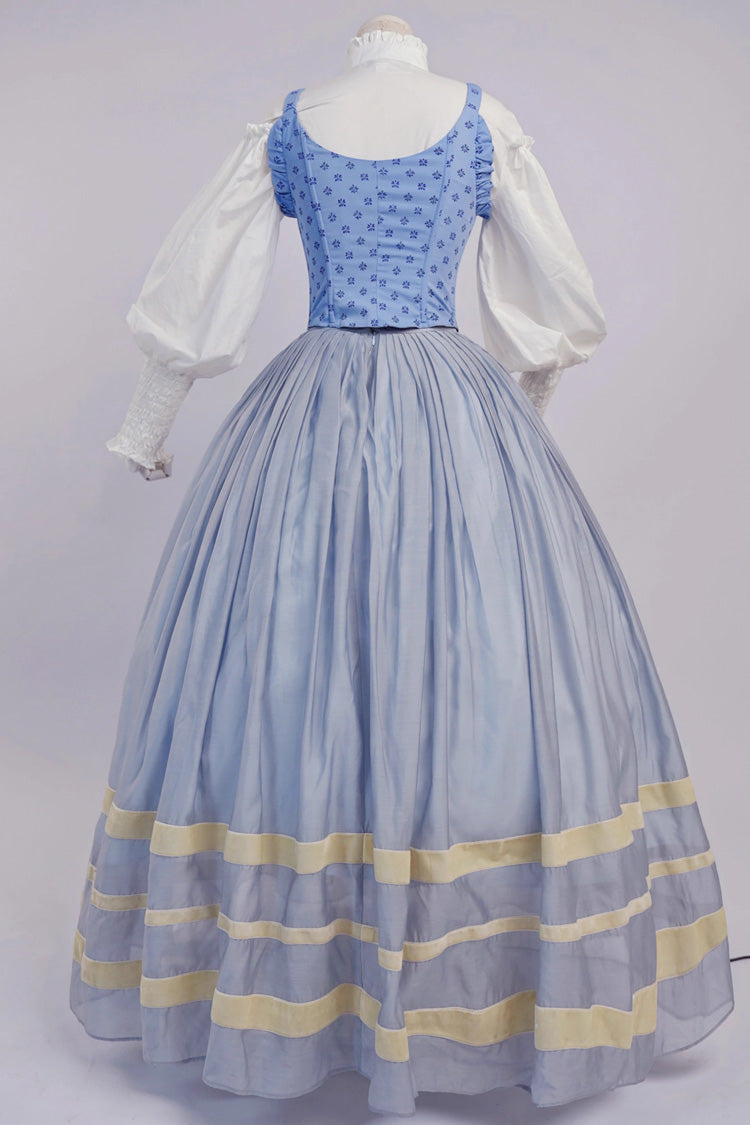 Light Blue Bashu Girl Long Puff Sleeves Print Lace-Up Fishbone Corset Sweet Lolita Skirt Dress Three-Piece Set