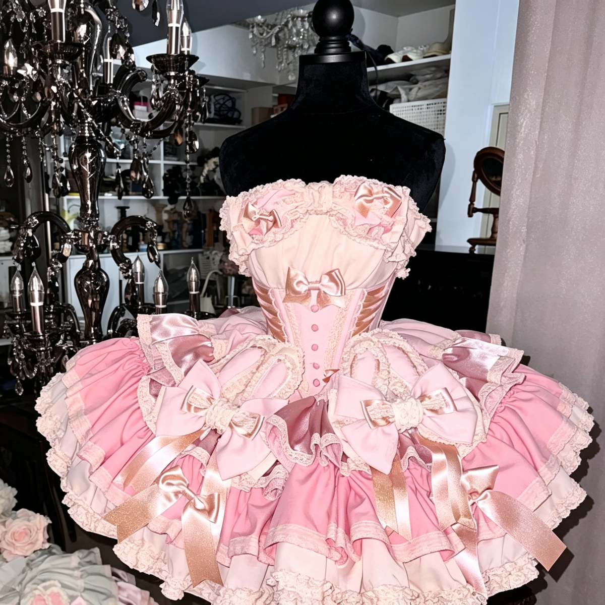 Ribbon Dance Multi-Layered Ruffle Bowknot Lace-Up Sweet Princess Lolita Dress 3 Colors