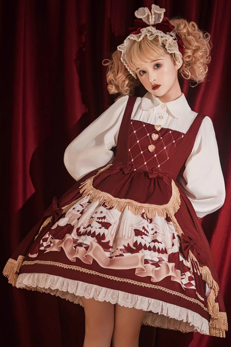 Red Doll Collar Bunny Reading Club Print Ruffle Lace Fake Two Pieces Sweet Princess Lolita Dress