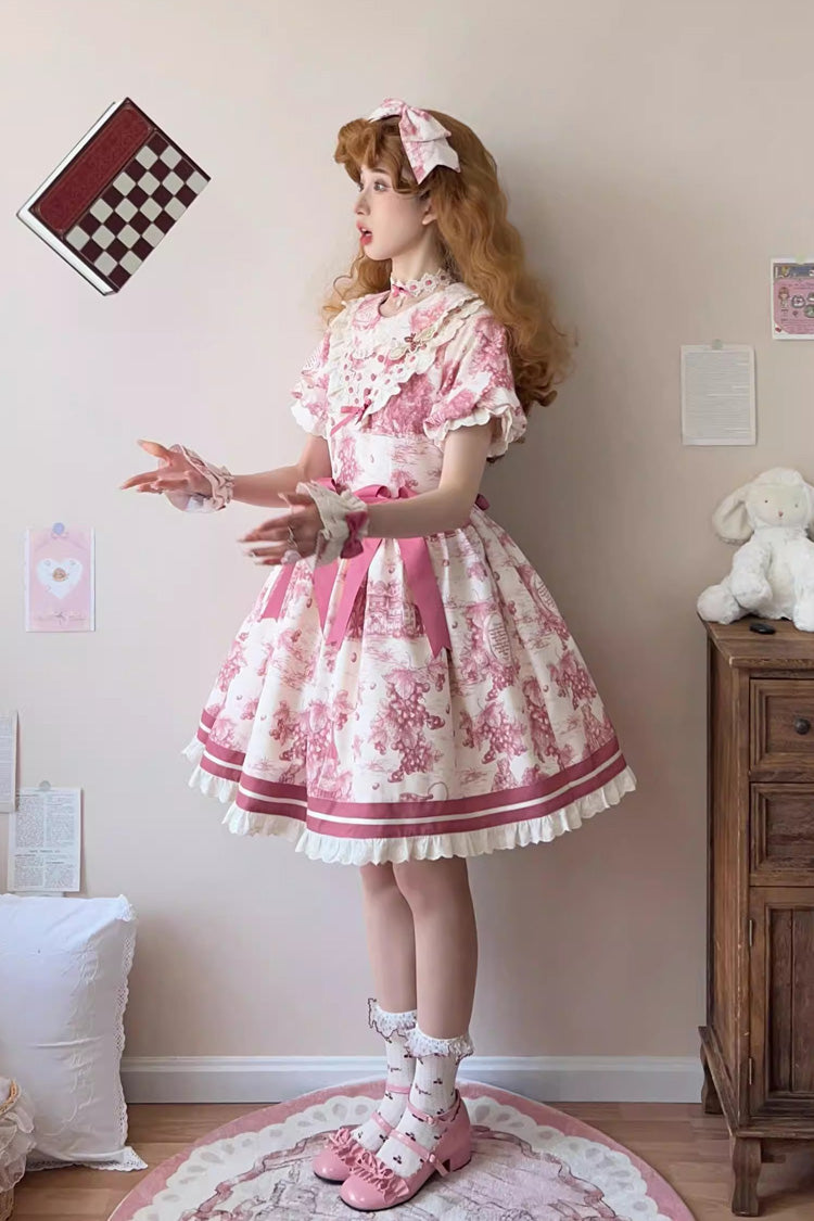 Rose Red Grape Moon Almanac Short Sleeves Multi-Layered Printed Ruffled Bow Sweet Lolita Dress