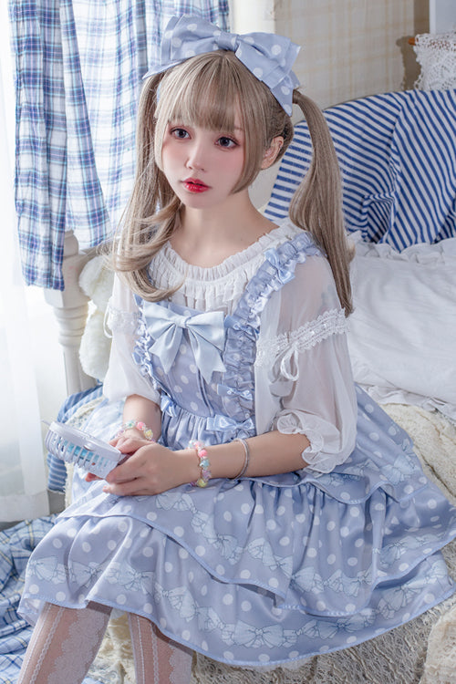 Polka Dot Print Sleeveless Bowknot Multi-Layer Ruffled High Waisted Sweet Lolita Tiered JSK Dress