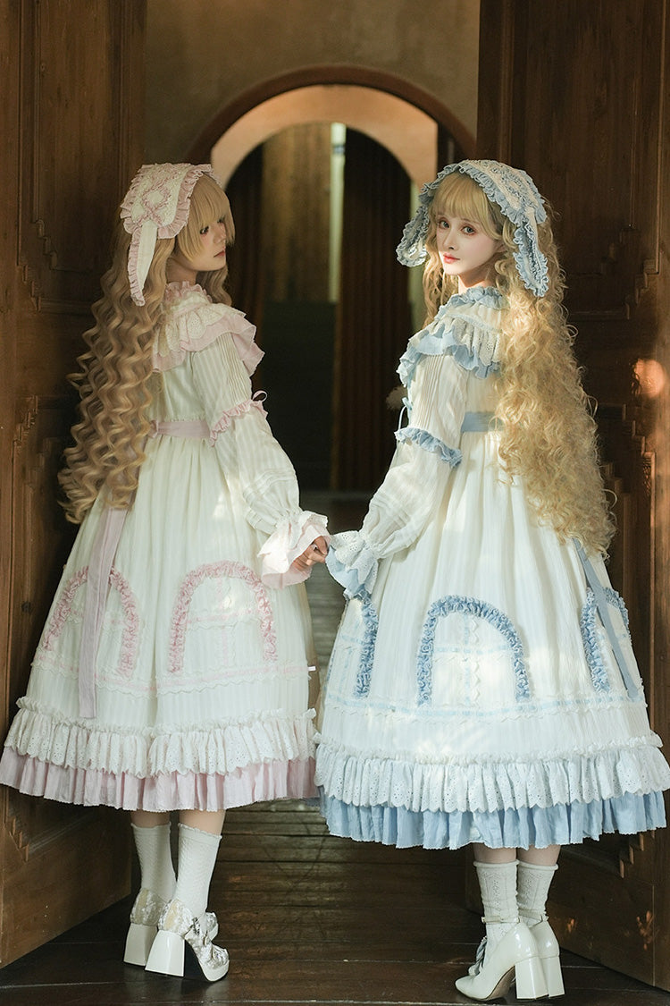 Pink Twin Lilian Round Collar Long Sleeves Double-Layered Ruffled Bow Lace-Up Sweet Lolita Dress
