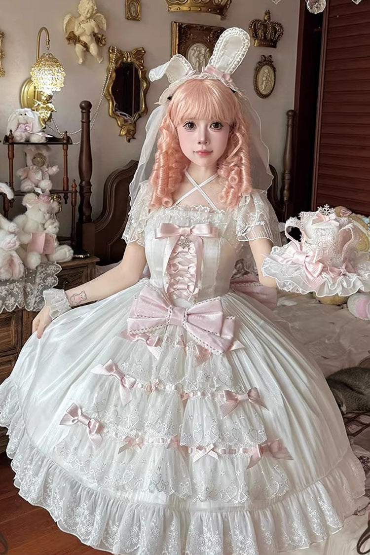 White/Pink Snow of Love Ruffled Hanayome Open-Front Bow Lace Sweet Princess Lolita Dress
