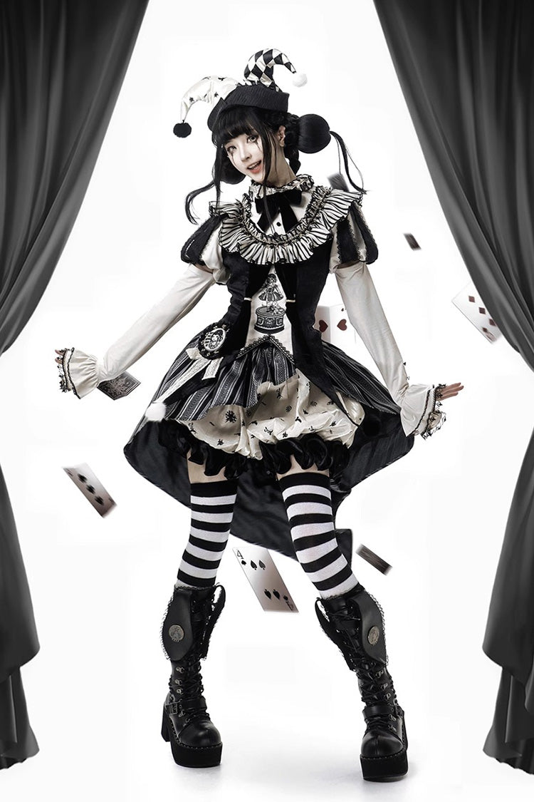 Black Weird Toy Box Circus Clown Halloween Print Ruffle Embroidery Asymmetric Gothic Ouji Lolita Full Set