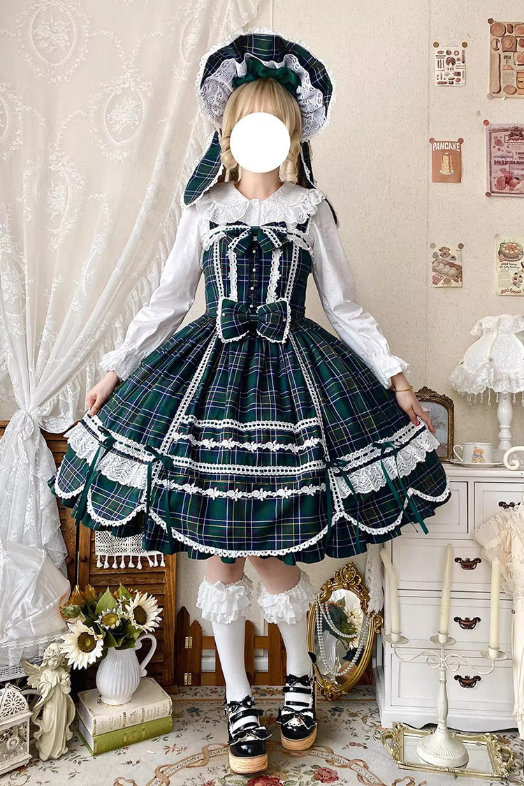 Green Gingham Petal Bunny Printed Ruffled Bow Sweet Lolita Jsk Dress