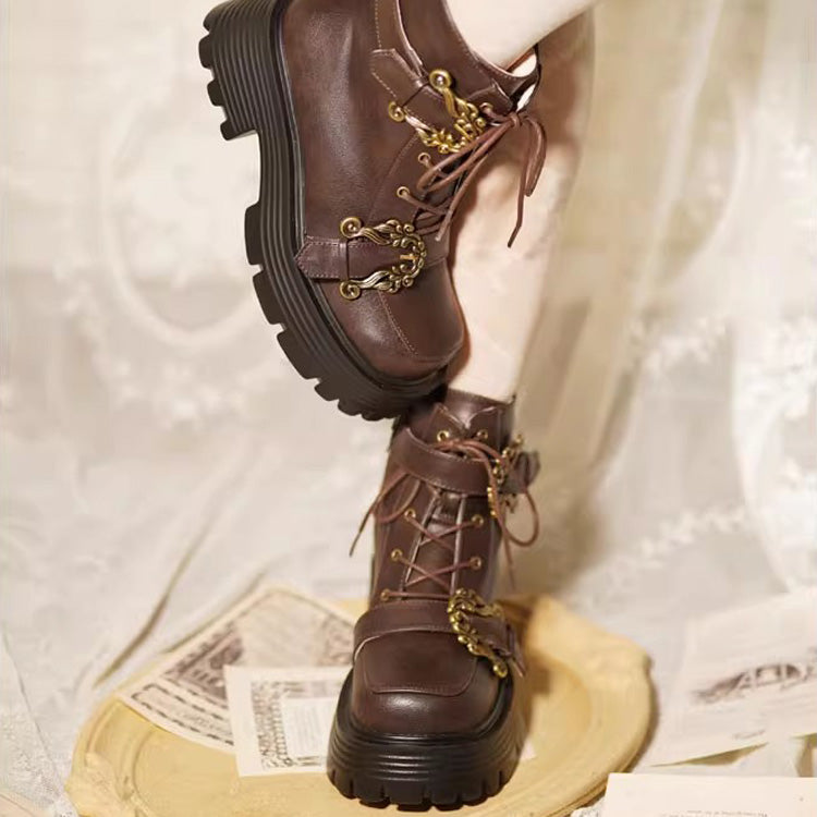 Vintage Accordion Knight Bowknot Chinese College Style Lolita Ankle Boots 2 Colors