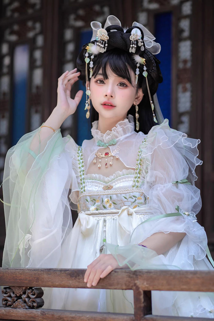 Ivory Luo Ling Fu Ruffle Embroidery Bowknot Lace Sweet Chinese Style Lolita Jsk Dress