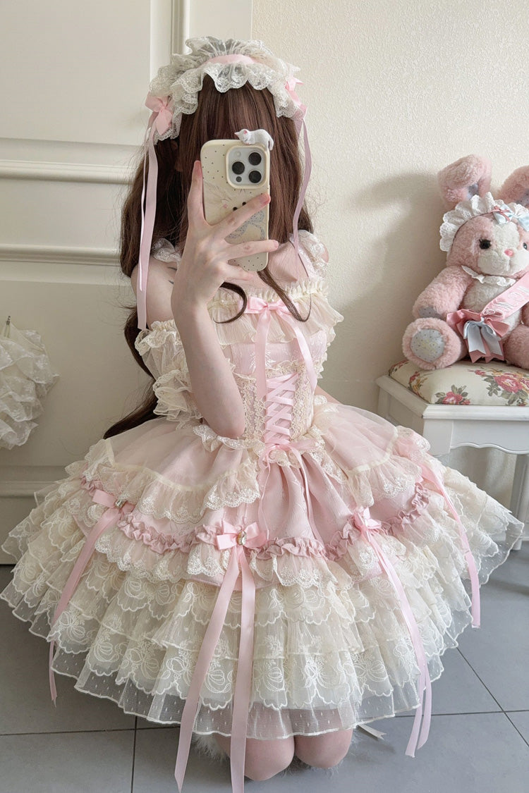 Pink Ribbon Heart Love Sleeveless Multi-Layered Ruffle Bowknot Lace Lace-Up Sweet Princess Ballet Lolita Jsk Dress