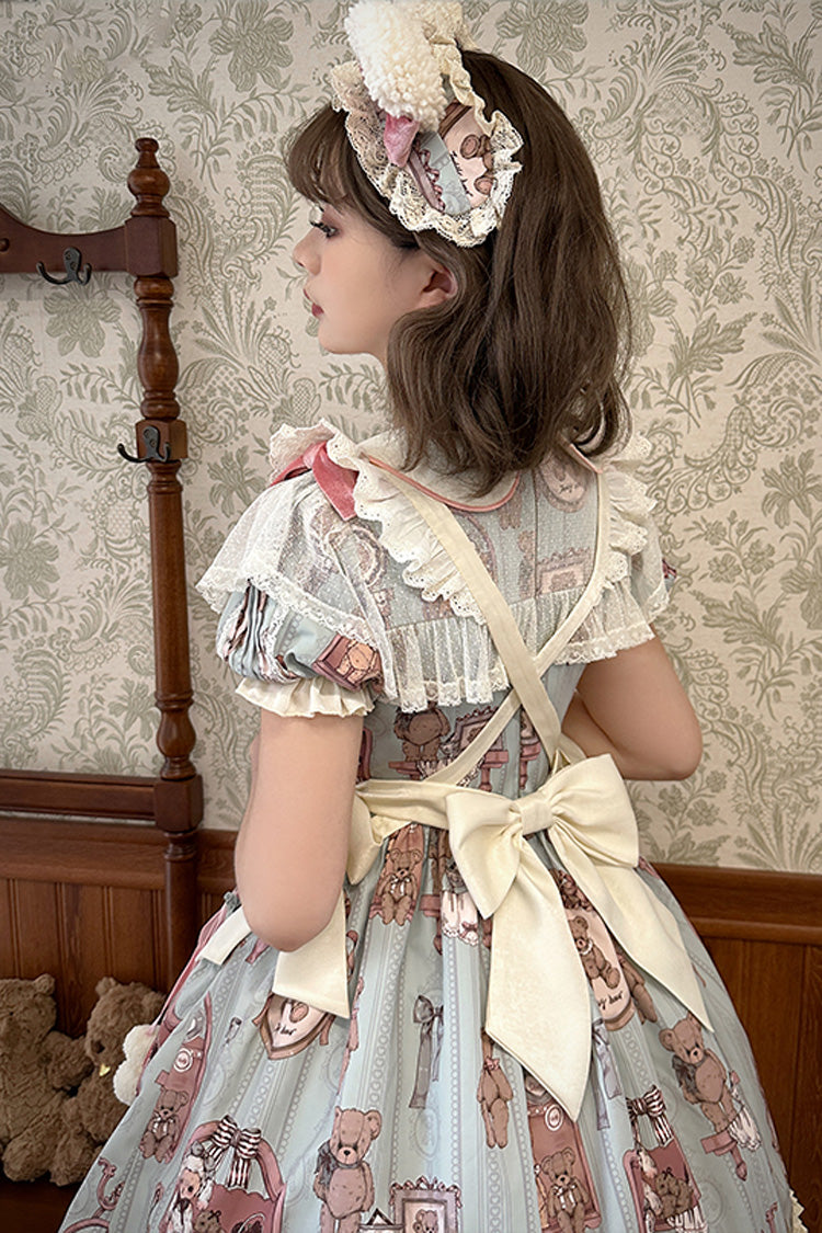 Pink/Green Bear Doll Wall Print Short Sleeves Ruffle Embroidery Bowknot Sweet Lolita Dress
