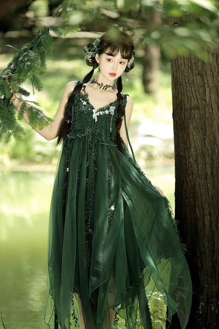 Green Forestry Asymmetric Hem Sweet Chinese Style Lolita Jsk Dress