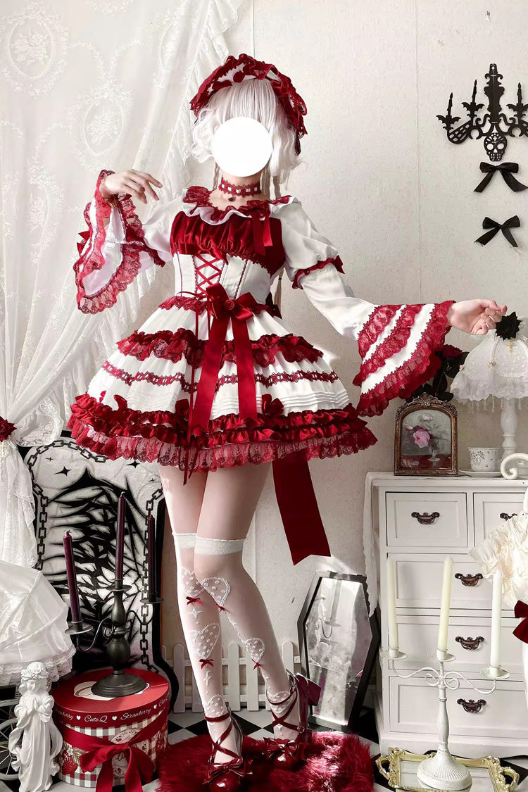White/Red Layered Red Velvet Short Sleeves Ruffle Bowknot Lace Sweet Lolita Dress
