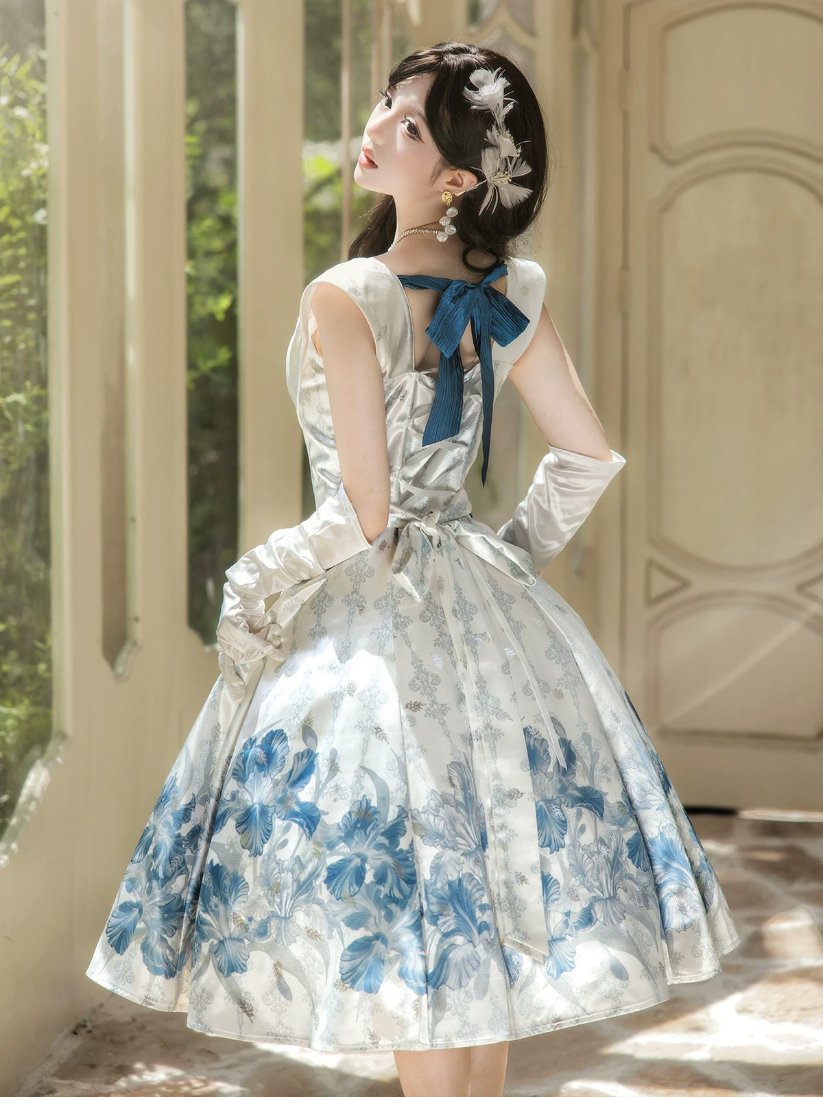 Blue Floral Print Sleeveless Drape Collar Side Lace-Up Bow Sweet Princess Vintage Lolita Dress