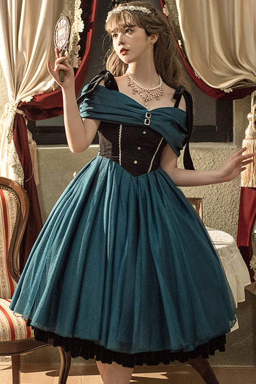 Green Elegant Off The Shoulder Anna's Letter High Waisted Sweet Lolita JSK Dress