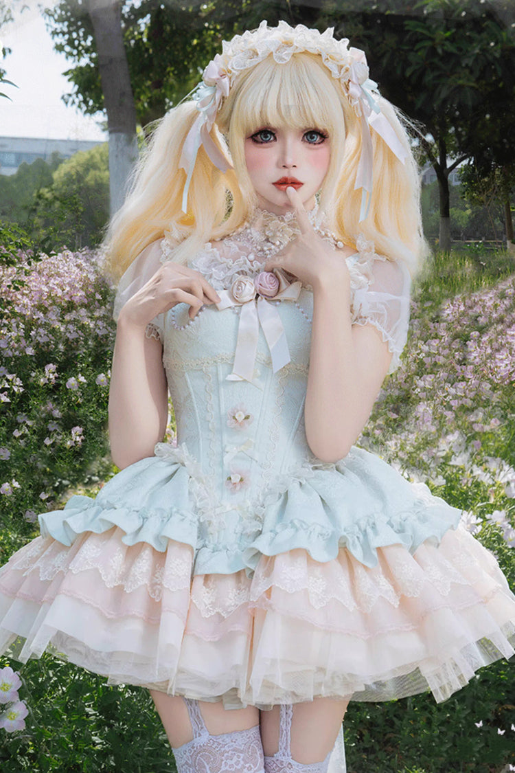 Green Fleeting Light and Shallow Dream Sleeveless Multi-Layered Ruffle Bowknot Lace Slim Sweet Ballet Lolita Jsk Dress
