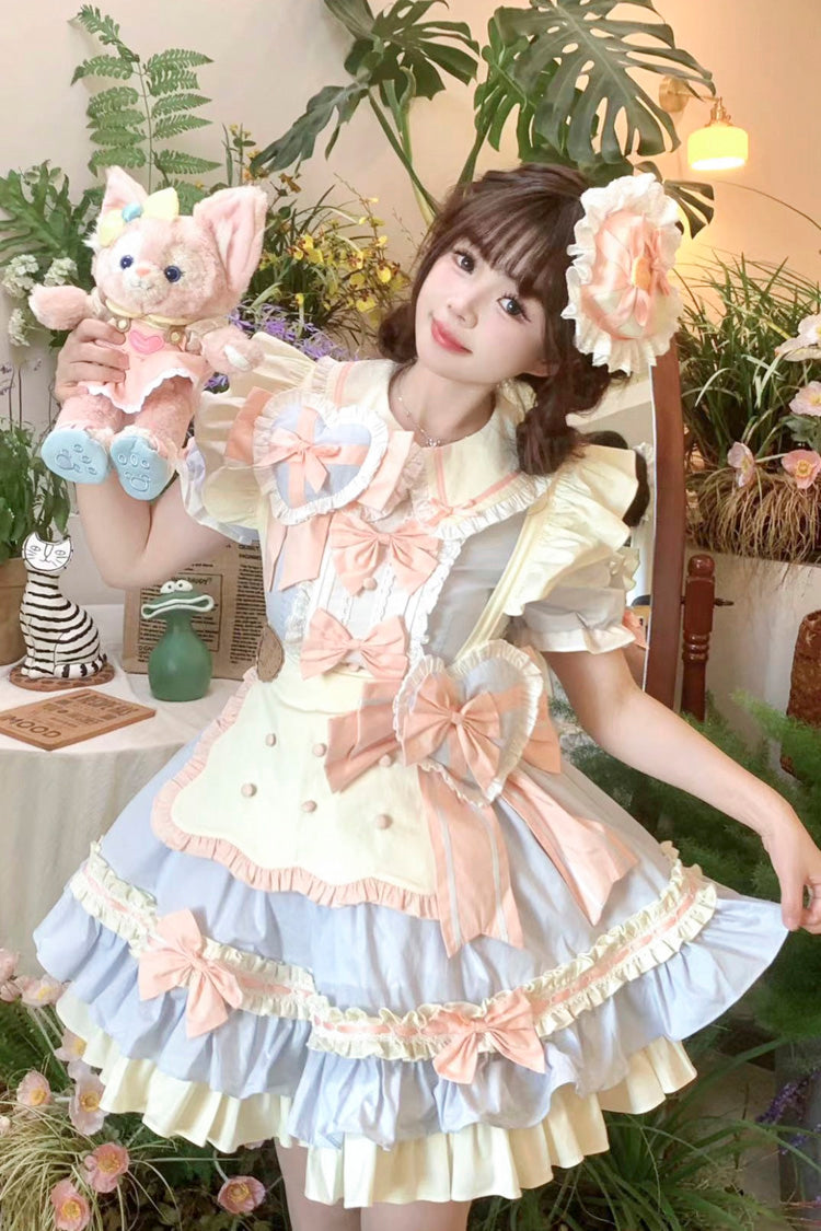 Cookies Short Sleeves Maid Ruffle Bowknot Sweet Lolita Tiered Dress 2 Colors