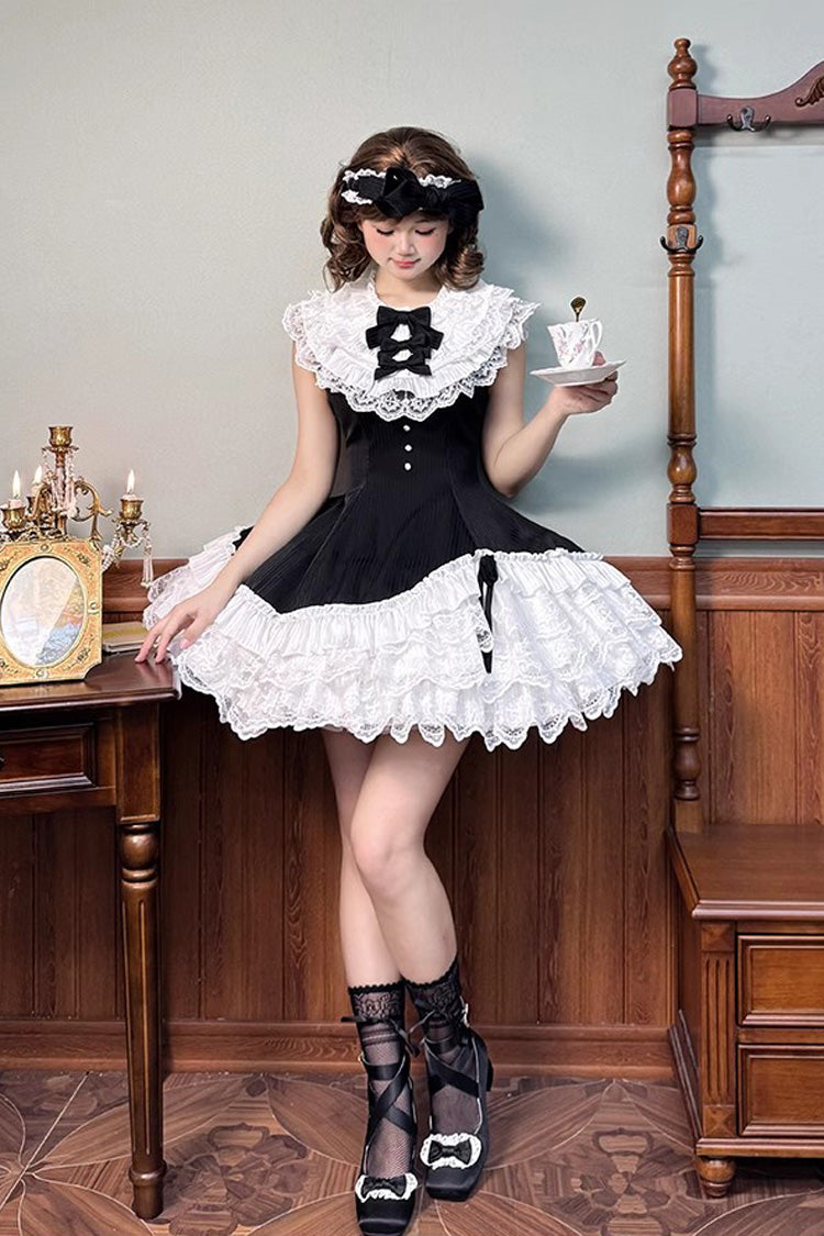 Black/White Miss Tsundere Sleeveless Multi-Layered Ruffle Bowknot Lace Asymmetric Sweet Princess Lolita Dress