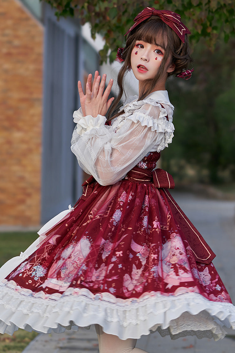 Raccoon Hydrangea Print Stitching Bowknot Ruffled Hanayome Tiered Sweet Lolita JSK Dress