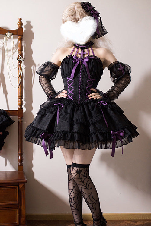 Black Purple Tube Top Sleeveless Blowknot Ruffled Gothic Lolita Tiered Dress