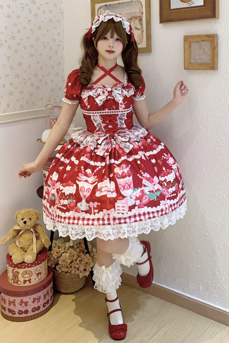 Red Strawberry Parfait Print Short Sleeves Ruffle Bowknot Lace Lace-Up Sweet Lolita Dress