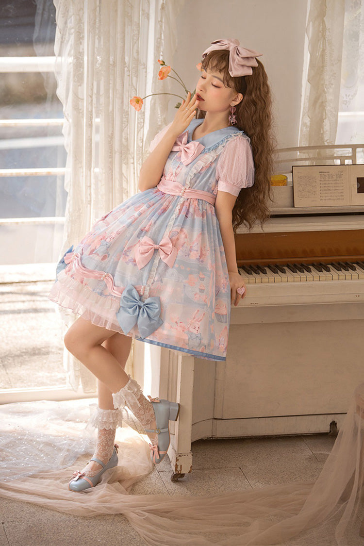 Pink/Blue Doll Collar Short Sleeves Rabbit Candy Paper Print High Waisted Sweet Lolita OP Dress
