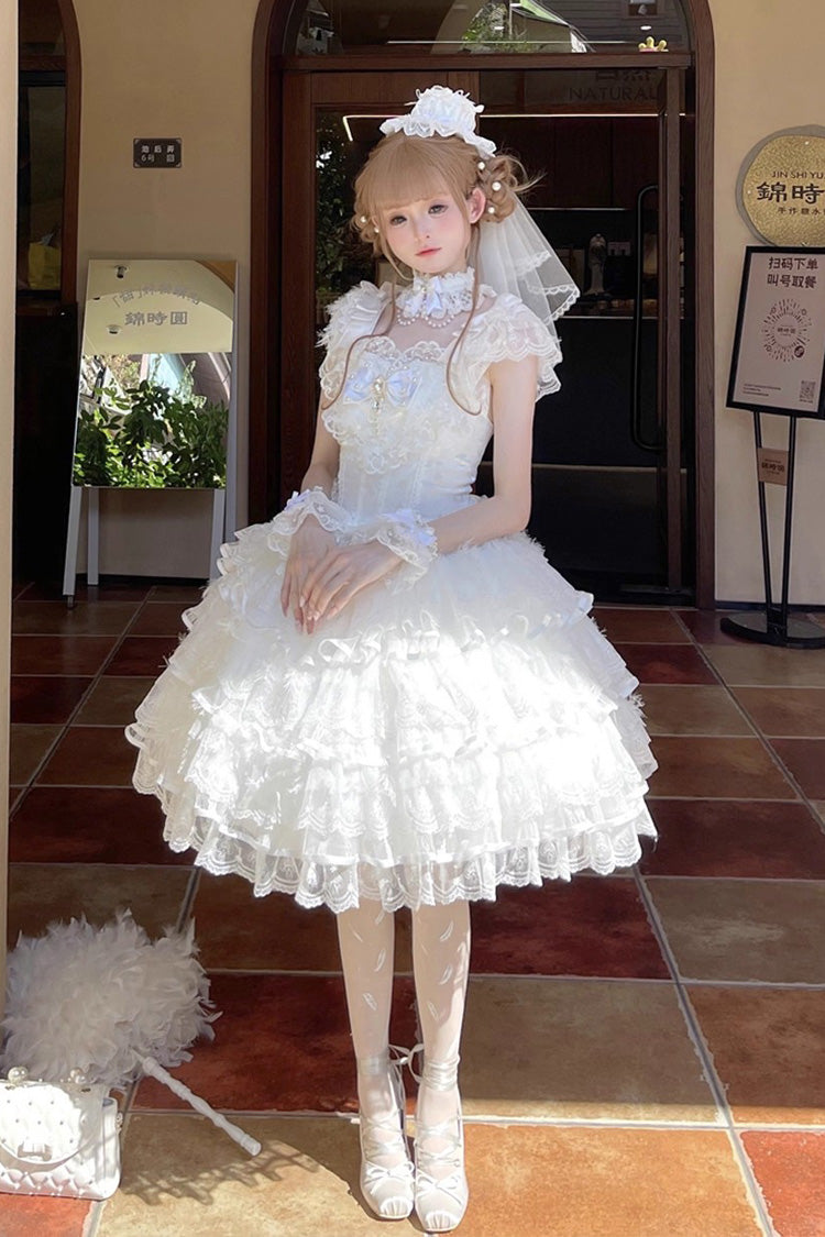 White Ballad of Feathers Sleeveless Multi-Layered Ruffle Hanayome Bowknot Sweet Lolita Jsk Dress