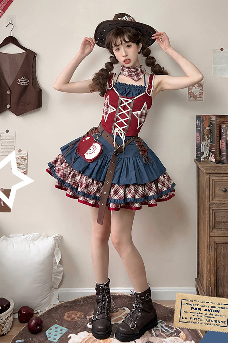 Red/Blue Apple Trap Triple-Layered Print Ruffle Lace-Up Sweet Lolita Jsk Dress Two-piece Set
