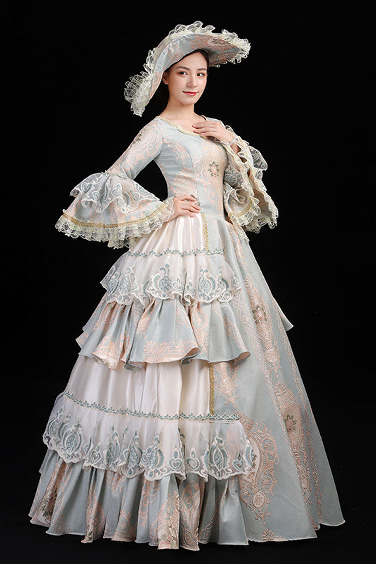 Light Blue Hime Sleeves High Waisted Round Collar Lace Stitching Hollow Embroidery Flower Print Victorian Lolita Prom Dress