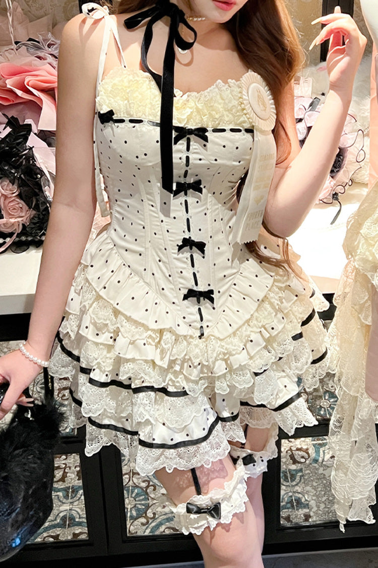 Ivory Paris Holidays Multi-Layered Polka Dots Print Ruffle Lace Fishbone Sweet Lolita Skirt Set