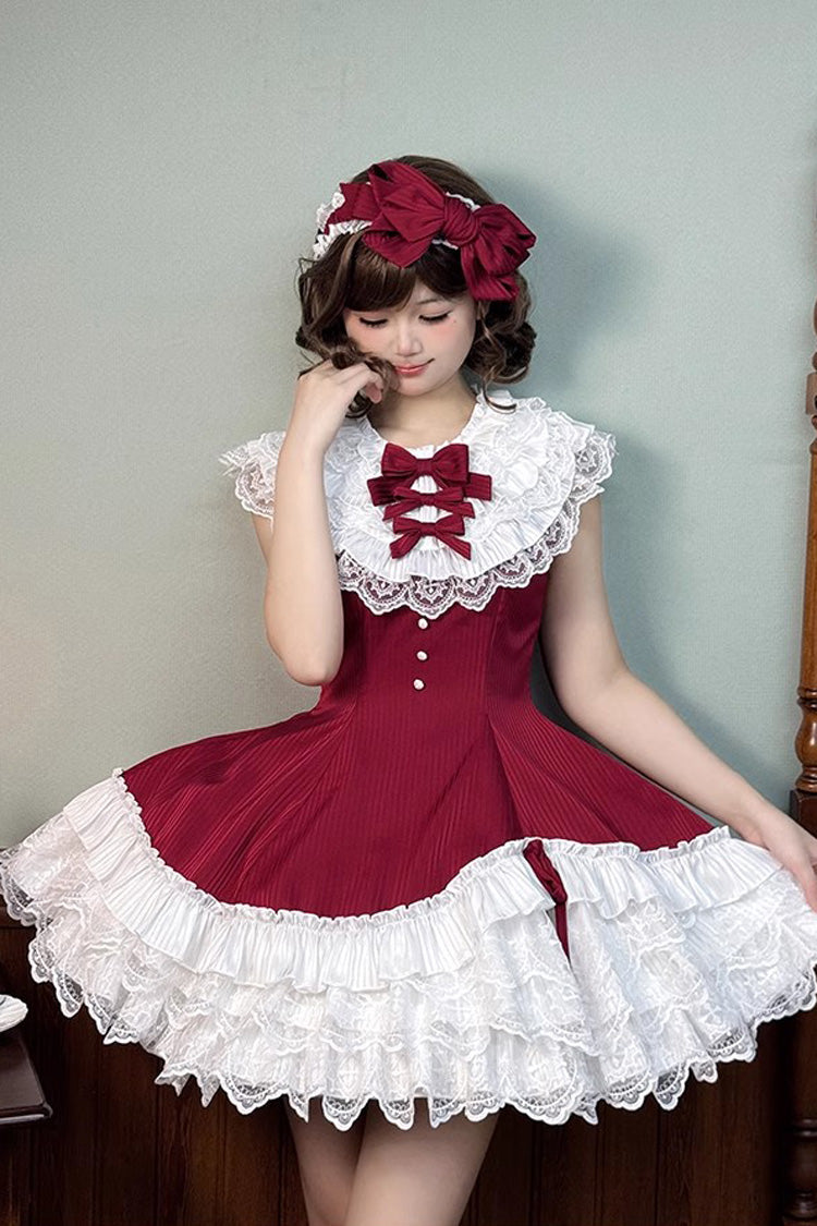 Red Miss Tsundere Sleeveless Multi-Layered Ruffle Bowknot Lace Asymmetric Sweet Princess Lolita Dress
