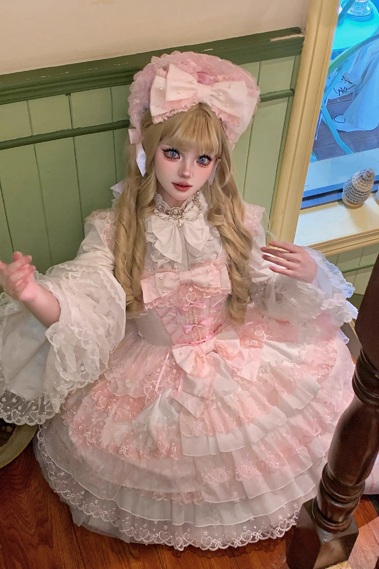 Pink/White Love Overture Multi-Layered Ruffle Bowknot Lace Sweet Lolita Jsk Dress