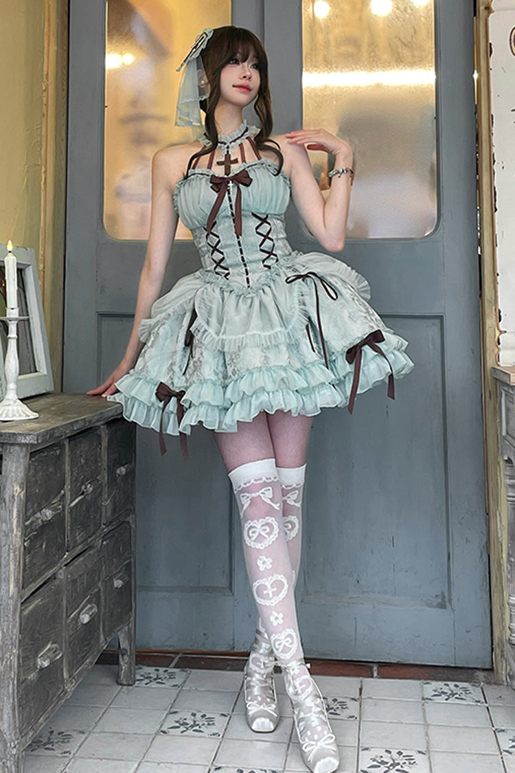Mint Green Cross Halterneck Ruffle Bowknot Lace Lace-Up Princess Sweet Lolita Dress