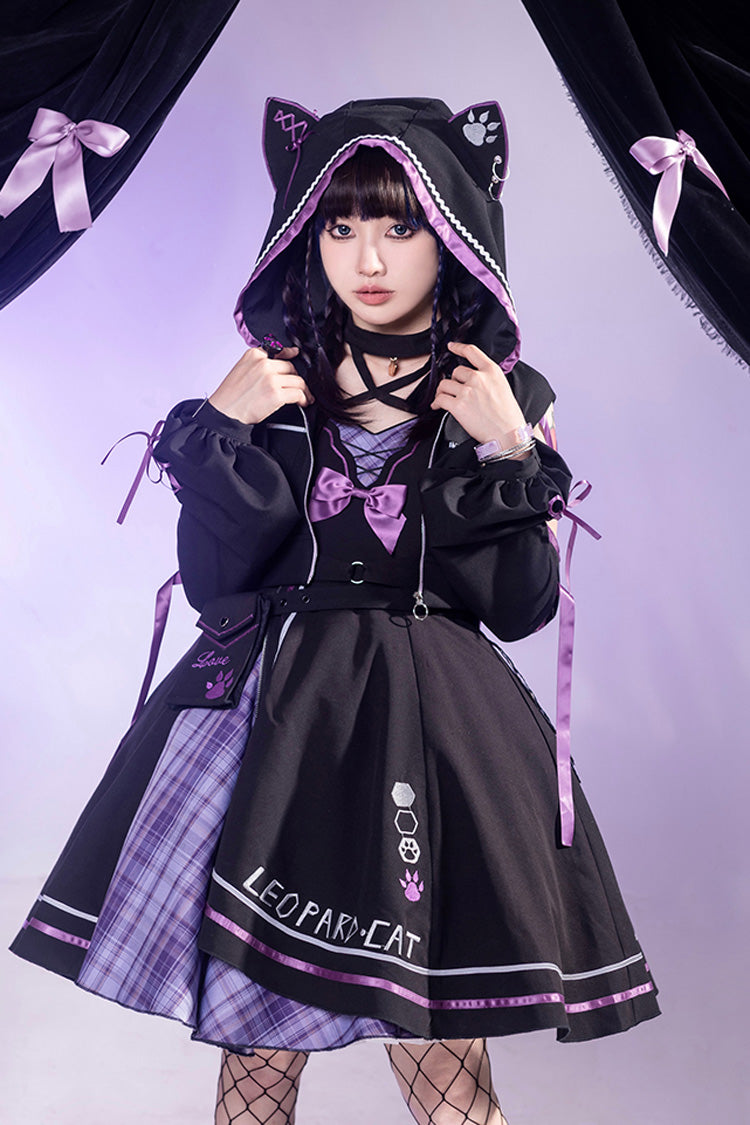 Black/Purple Cat Paw Print Bowknot Gothic Lolita Jsk Dress Set