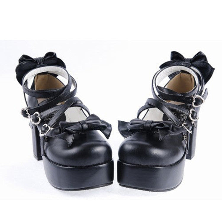 Black Synthetic Leather Cross Straps Bow Lolita Shoes