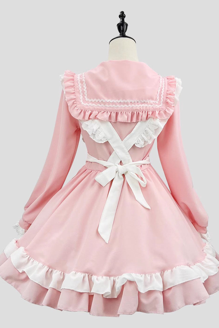 Pink Maid Long Sleeves Ruffle Bowknot Sailor Sweet Plus Size Lolita Dress Full Set