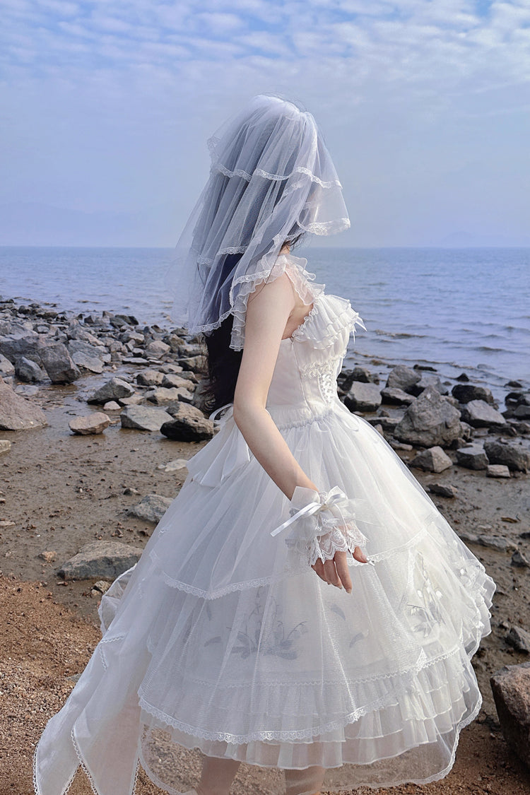 White Love Is Coming Multi-layer Ruffle Embroidery Bowknot Sweet Princess Lolita Jsk Dress