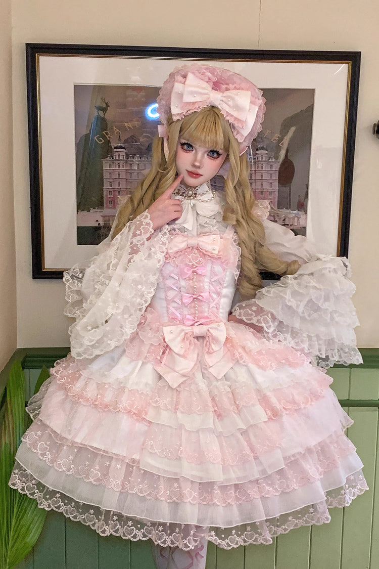 Pink/White Love Overture Multi-Layered Ruffle Bowknot Lace Sweet Lolita Jsk Dress