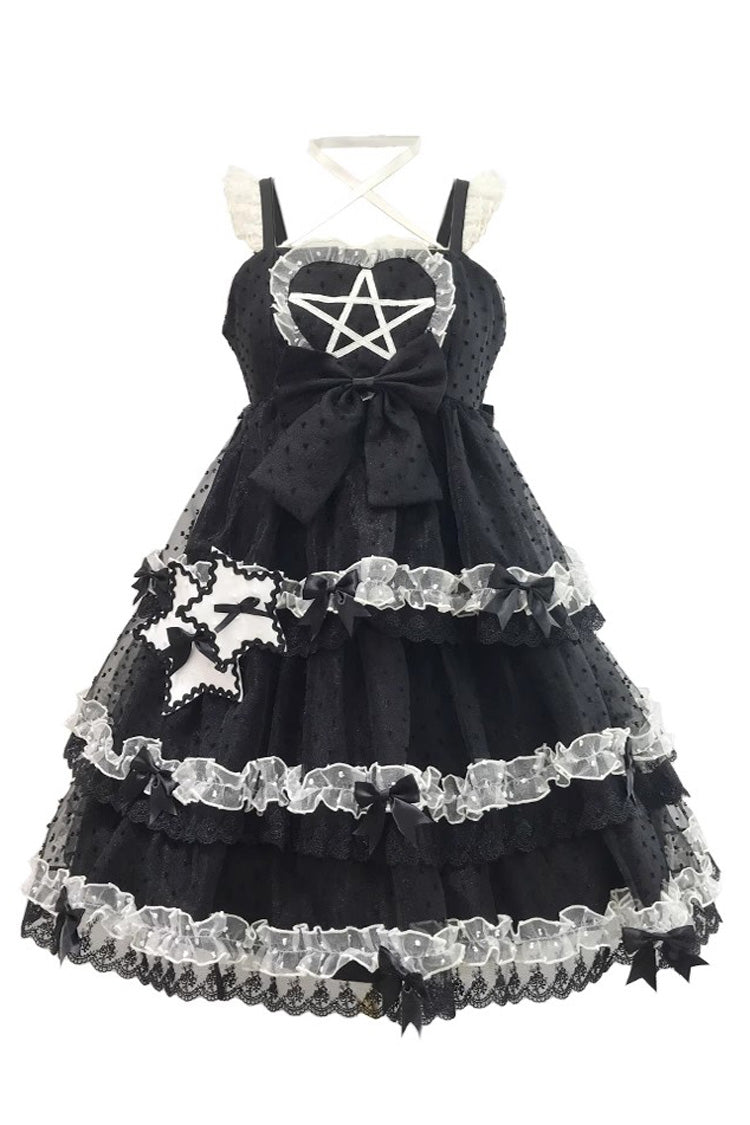 Black Du Meisha's Star Wish Sleeveless Triple-Layered Jacquard Ruffle Bowknot Sweet Gothic Lolita Jsk Dress
