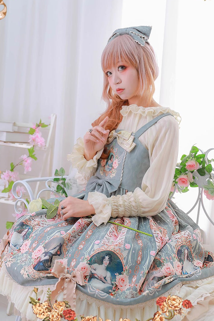 Portrait of A Little Lady Print Ruffle Bowknot Lace Classic Vintage Elegant Lolita Jsk Dress 3 Colors