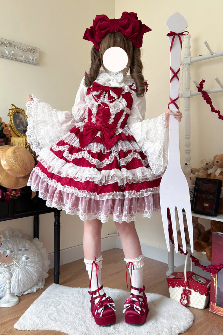 Wine Red Love and Heart Flutter Sleeveless Multi-Layered Ruffle Bowknot Lace Pearl Sweet Lolita Jsk Dress
