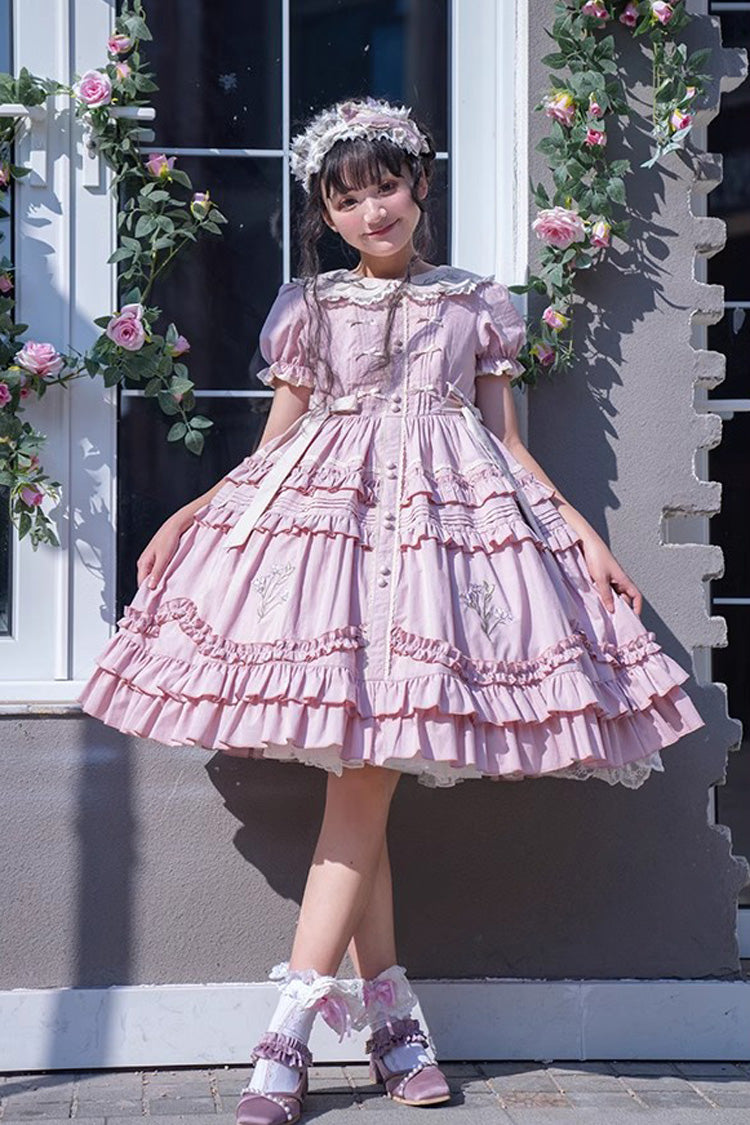 Pink Doll Collar Short Sleeves Iris Poem Print Ruffle Embroidery Sweet Lolita Dress