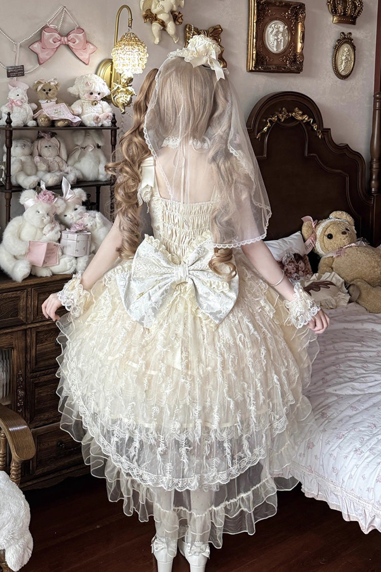 Apricot Ballad of Feathers Sleeveless Multi-Layered Ruffle Hanayome Bowknot Sweet Lolita Jsk Dress