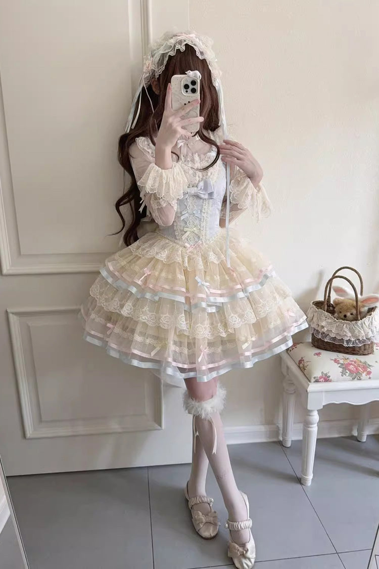 Blue Butterfly Heart Ballet Triple-Layered Ruffle Bowknot Lace Sweet Ballet Lolita Jsk Dress