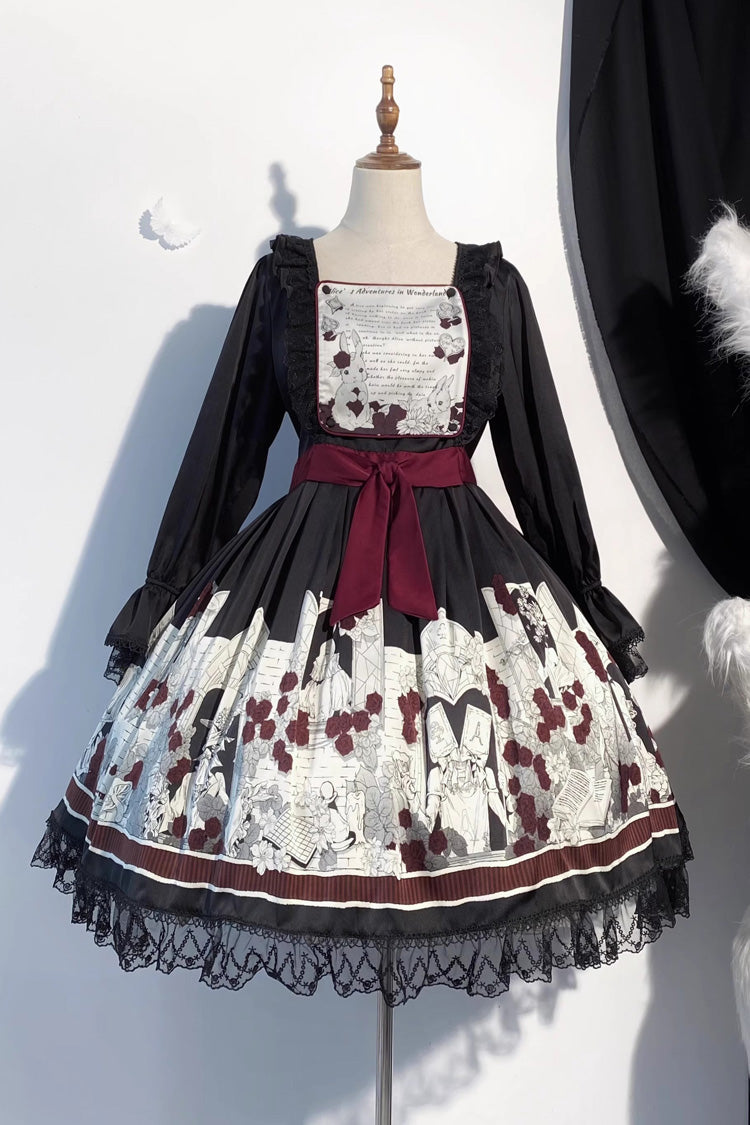 Black Alice of the Asylum Print Bowknot Lace Gothic Lolita Dress 2 Versions